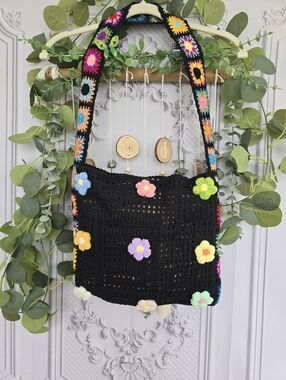 Black Crochet 3D Flower  Colorful Granny Square Strap Cottagecore Tote Bag
